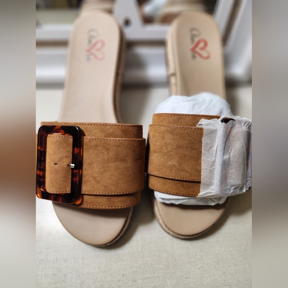 Amore Brown Suede Slide Sandals with Tortoise Buckle, Women's 8.5W, NWOT